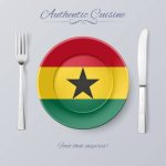 Authentic Cuisine of Ghana. Plate with Ghanaian Flag and Cutlery